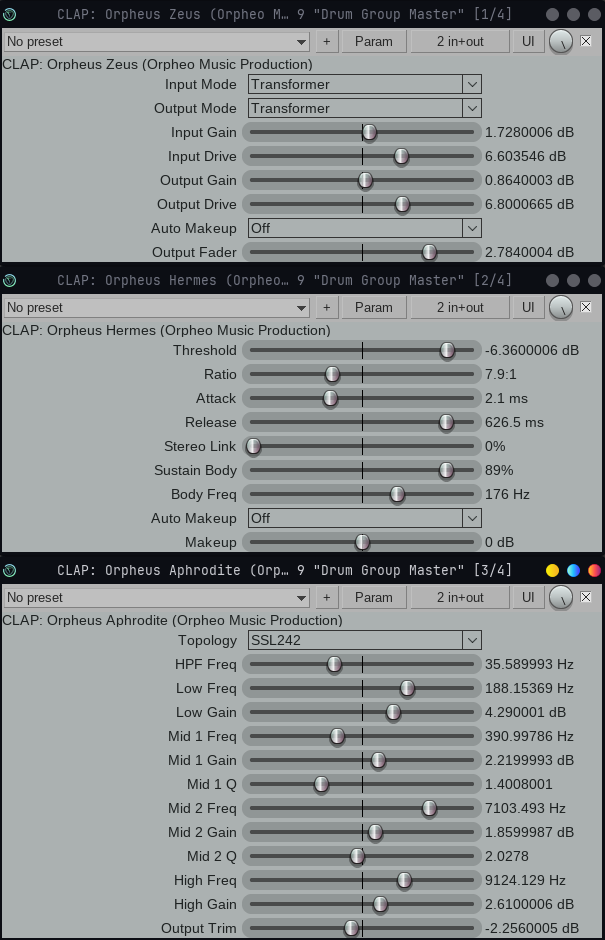 Zeus, Hermes, and Aphrodite chained on Drum Group Master in REAPER Linux