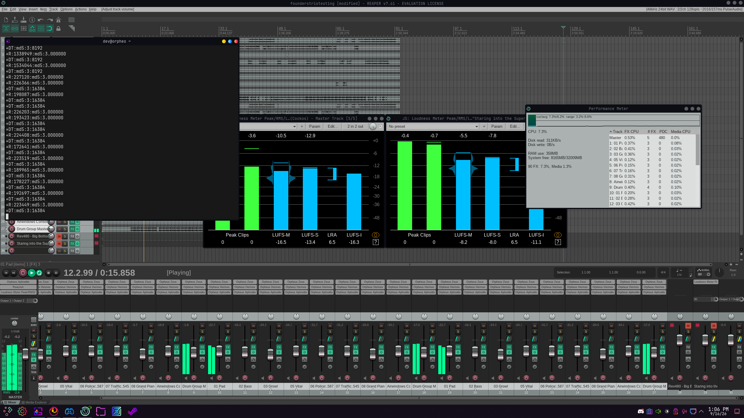 REAPER performance meter verifying zero-latency realtime execution