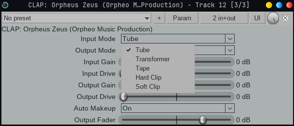 Orpheus Zeus native saturation dropdowns in REAPER